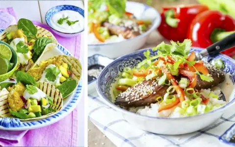 Fisk-tacos med mango och lime, samt en skål med ris, kött och grönsaker. Perfekt för **cenas saludables para niños**!