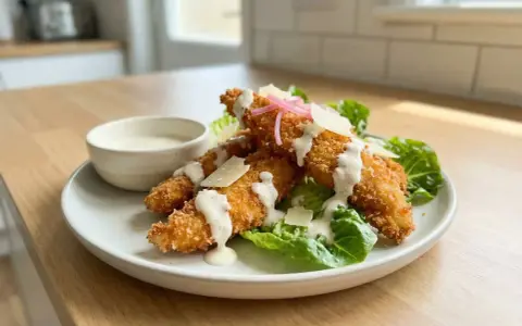 Krispiga kycklingstrimlor med krämig dressing, parmesan och sallad. Enkel guide för como hacer pollo frito.