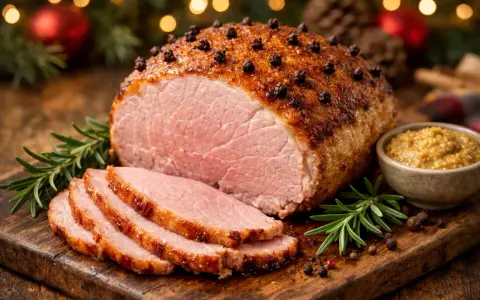 En saftig julskinka, kryddad med nejlikor, serveras med senap. Denna salmuera que es-inspirerade rätt är perfekt för högtiden.