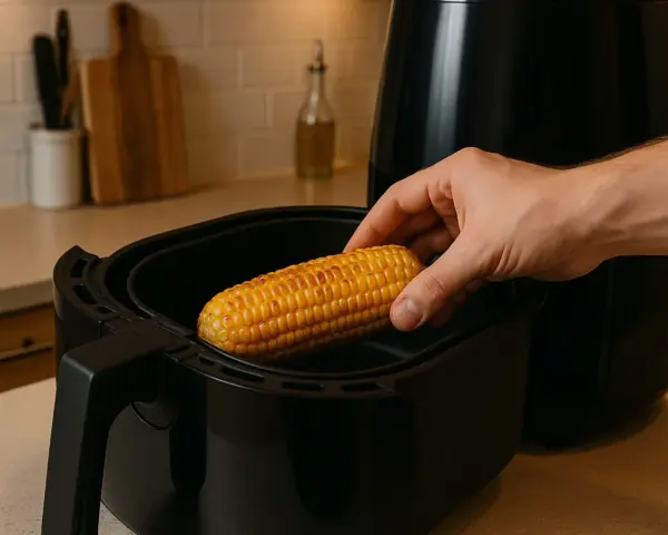 En hand placerar en gyllene mazorca de maiz i en airfryer.
