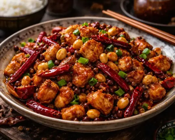 En skål med läcker pollo kung pao, full av kycklingbitar, jordnötter, torkade chilifrukter och salladslök.