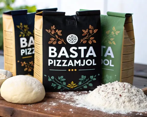 Tre påsar BASTA Pizzamjöl står uppradade. Framför dem ligger en degboll och en hög mjöl med en träsked. Perfekt för hemmagjord pizza!