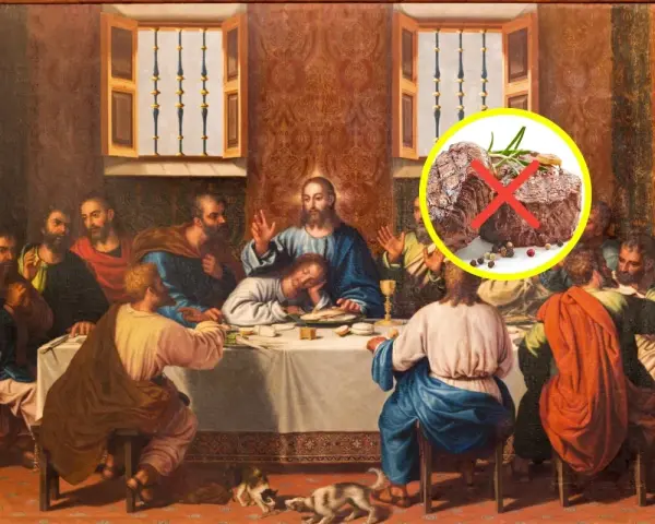 Den sista måltiden med Jesus och lärjungarna, med en överlagd bild av kött med ett kryss över, som symboliserar varför no se come carne en semana santa.