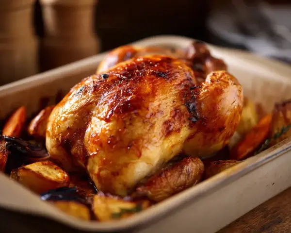 En saftig, gyllene pollo a la brasa med rostade rotfrukter i en ugnsform.