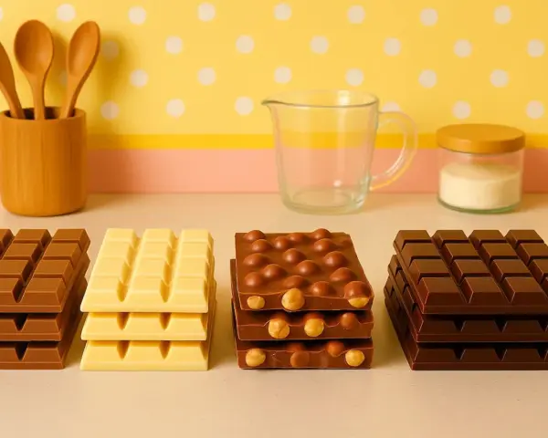 Fyra staplar med olika tipos de chocolates: mörk, vit, med nötter och mörk igen. En träbehållare med skedar, ett glas och en burk med socker i bakgrunden.