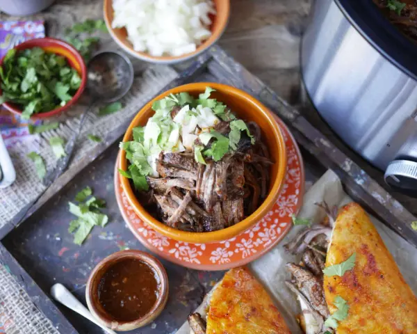 En skål med saftig, långkokt högrev (birria de res) toppad med lök och koriander. Serveras med en liten skål med sås och en gyllene quesadilla.