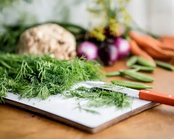 Färska örter, som dill, är utmärkta för att ge smak åt mat. Här ser vi dill förberedd för matlagning tillsammans med andra grönsaker.