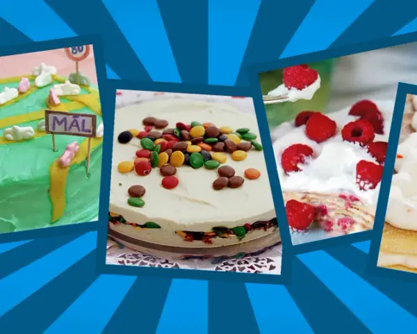 Fyra tårtor med olika **sabores de pasteles**: en grön med bilar, en med godis, en med hallon och grädde, och en med grädde och strössel.