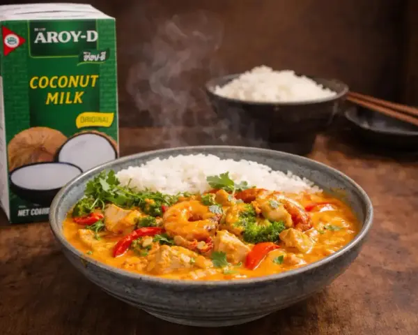 En skål med ångande curry med räkor, kyckling och grönsaker, serverad med ris. Bredvid står en kartong med Aroy-D kokosmjölk, perfekt för en krämig leche de coco-baserad sås.
