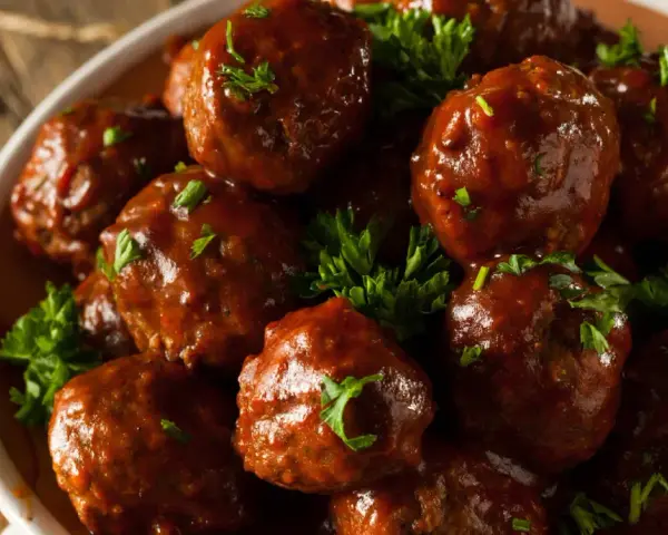 En skål med saftiga köttbullar i en rik, mörk sås, toppade med färsk persilja. Dessa albondigas de carne con salsa ser otroligt goda ut!