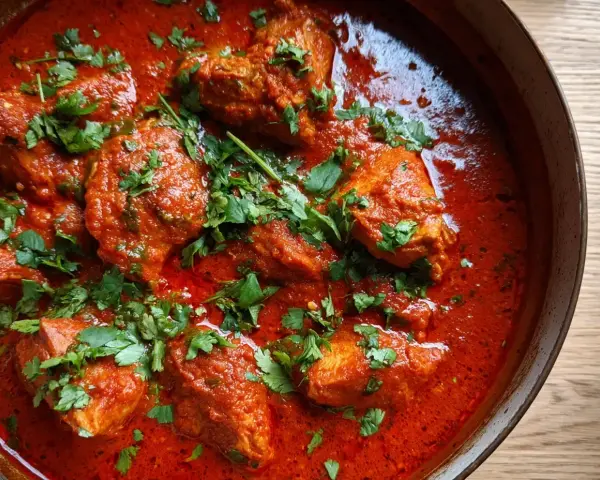 En mustig kycklinggryta, estofado de pollo, i en rik tomatsås, toppad med färsk koriander.