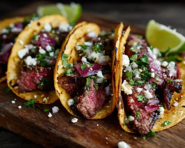 Tacos med saftig carne asada, toppade med lök, koriander och ost. En limeklyfta ligger bredvid.