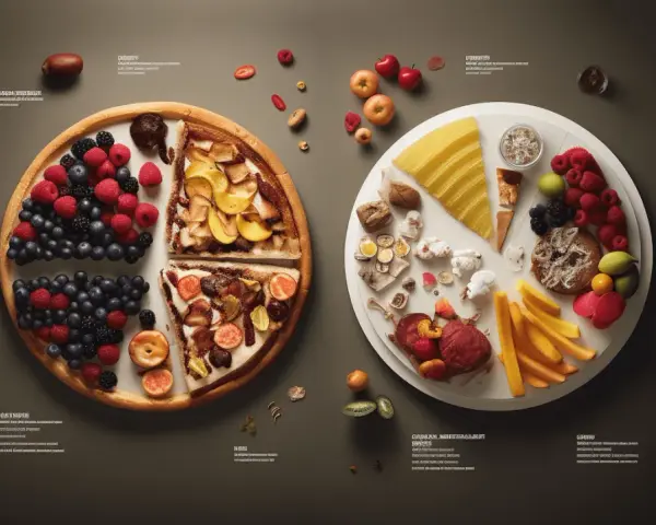 En bild som visar olika livsmedel, som bär, frukt, ost och kött, som representerar vad som är de macronutrienter.