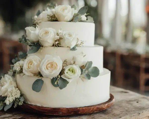 Ett elegant trevånings bröllopstårta, dekorerad med vita rosor och gröna blad. Denna vackra pastel de bodas är redo att firas.