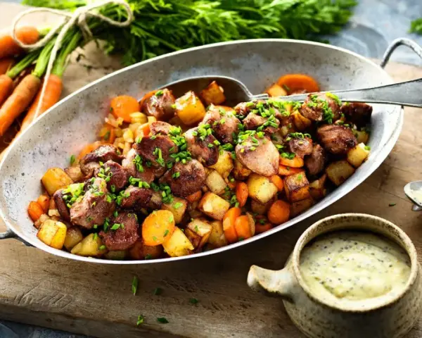 En skål med stekt kycklinghjärtan (mollejas de pollo), potatis och morötter, toppad med gräslök. Serveras med en senapssås och färska morötter.