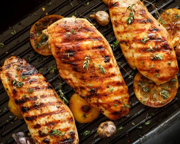 Grillade kycklingbröst med citron, vitlök och örter, som påminner om läckra platos de carne asada.