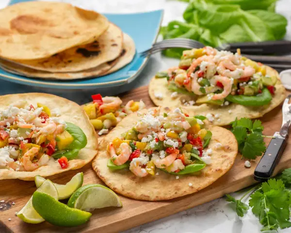 Tre läckra tostadas de camarón med räkor, avokado och mango. Serveras med limeklyftor och färsk koriander.