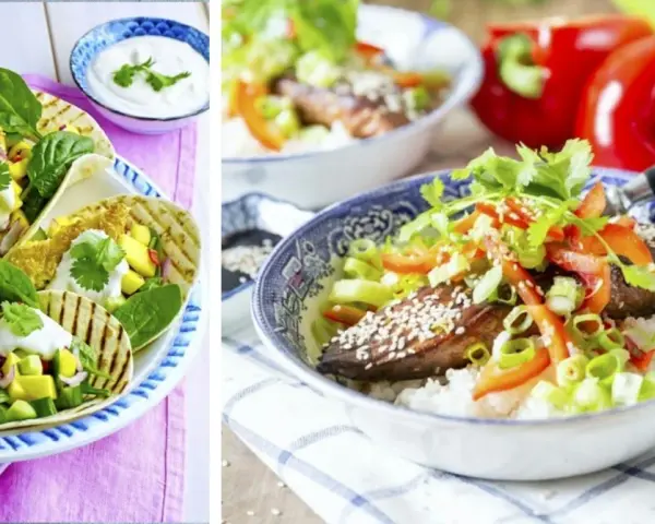 Fisk-tacos med mango och lime, samt en skål med ris, kött och grönsaker. Perfekt för **cenas saludables para niños**!