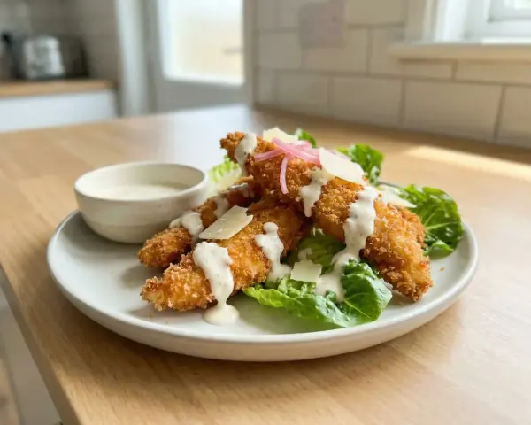 Krispiga kycklingstrimlor med krämig dressing, parmesan och sallad. Enkel guide för como hacer pollo frito.