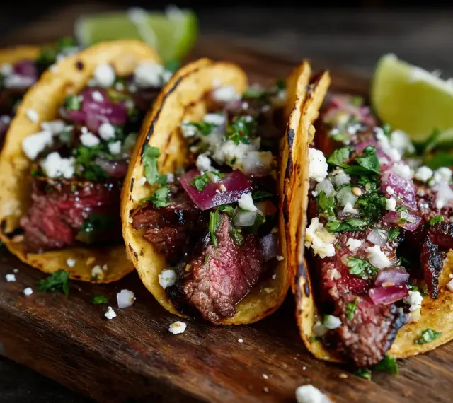 Tacos med saftig carne asada, toppade med lök, koriander och ost. En limeklyfta ligger bredvid.