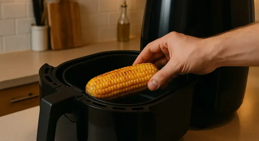 En hand placerar en gyllene mazorca de maiz i en airfryer.