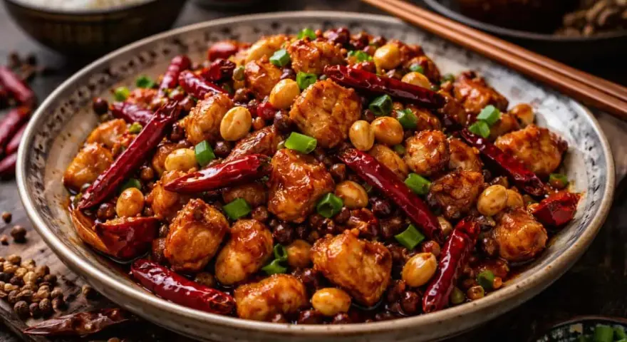 En skål med läcker pollo kung pao, full av kycklingbitar, jordnötter, torkade chilifrukter och salladslök.