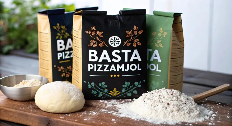Tre påsar BASTA Pizzamjöl står uppradade. Framför dem ligger en degboll och en hög mjöl med en träsked. Perfekt för hemmagjord pizza!