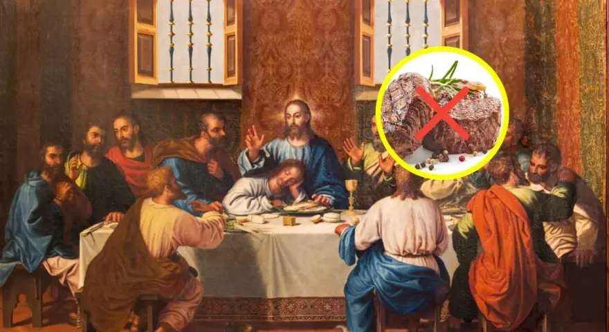 Den sista måltiden med Jesus och lärjungarna, med en överlagd bild av kött med ett kryss över, som symboliserar varför no se come carne en semana santa.