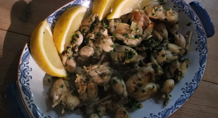 En skål med saftiga anas de rana, garnerad med citronklyftor och färska örter, redo att avnjutas.