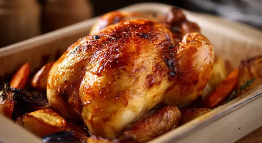 En saftig, gyllene pollo a la brasa med rostade rotfrukter i en ugnsform.