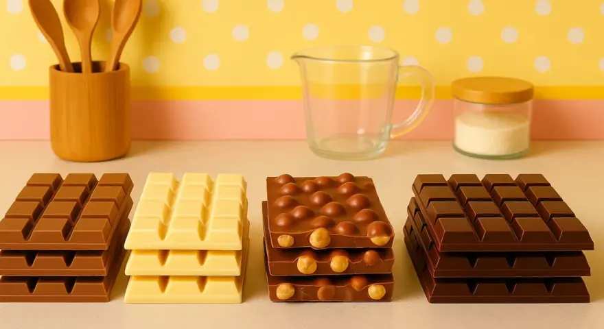 Fyra staplar med olika tipos de chocolates: mörk, vit, med nötter och mörk igen. En träbehållare med skedar, ett glas och en burk med socker i bakgrunden.