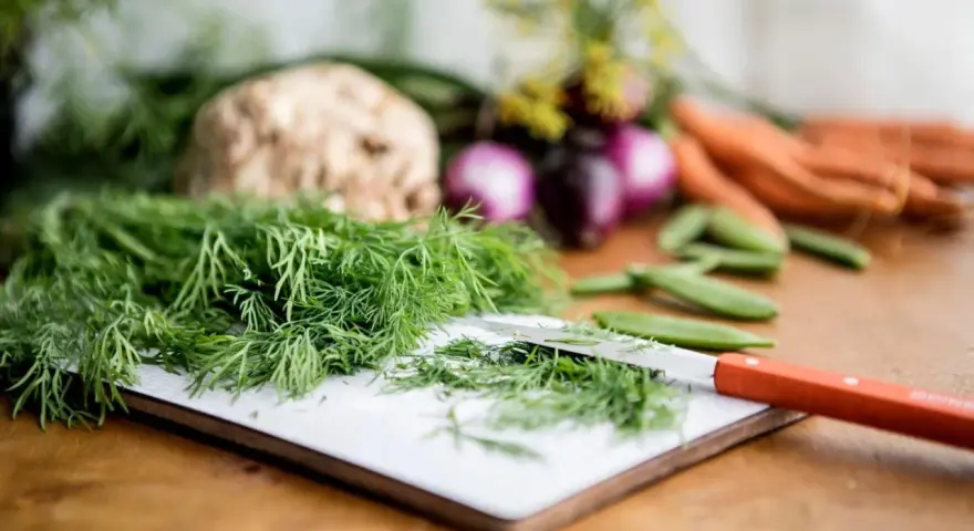 Färska örter, som dill, är utmärkta för att ge smak åt mat. Här ser vi dill förberedd för matlagning tillsammans med andra grönsaker.