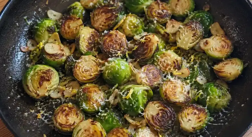 Stekta coles de bruselas med vitlök och parmesan i en gjutjärnspanna.