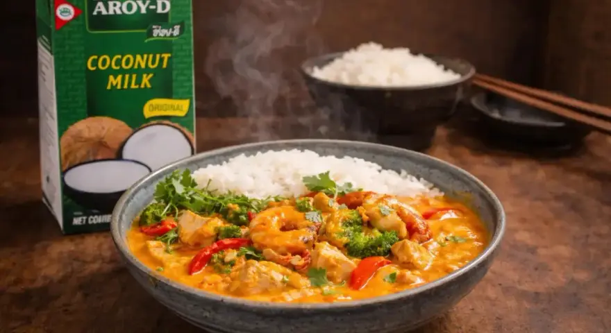 En skål med ångande curry med räkor, kyckling och grönsaker, serverad med ris. Bredvid står en kartong med Aroy-D kokosmjölk, perfekt för en krämig leche de coco-baserad sås.