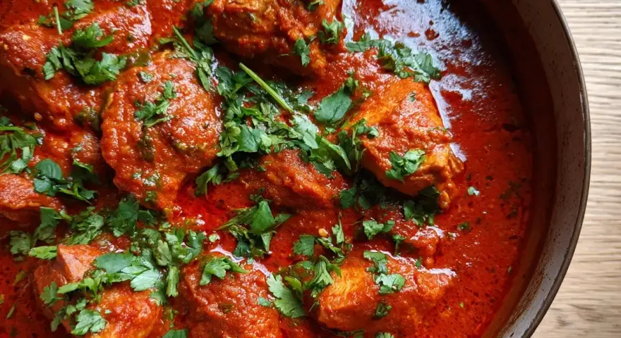 En mustig kycklinggryta, estofado de pollo, i en rik tomatsås, toppad med färsk koriander.