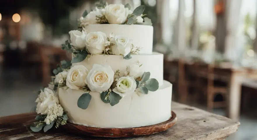 Ett elegant trevånings bröllopstårta, dekorerad med vita rosor och gröna blad. Denna vackra pastel de bodas är redo att firas.