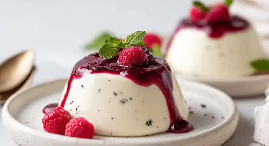 Krämig pannacotta med hallonsås och färska hallon. En perfekt dessert i ett glas.
