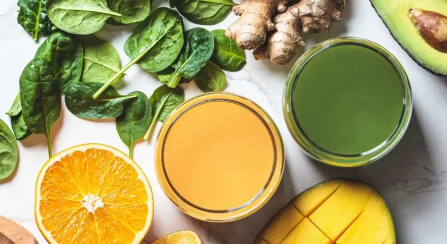 Färgglada juicer, en med apelsin och en grön, omgivna av färska ingredienser som spenat, ingefära, mango och avokado. Perfekt för en hälsosam "te de curcuma y jengibre"-inspirerad smoothie.