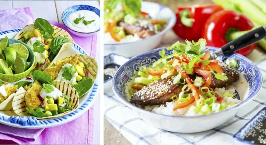 Fisk-tacos med mango och lime, samt en skål med ris, kött och grönsaker. Perfekt för **cenas saludables para niños**!
