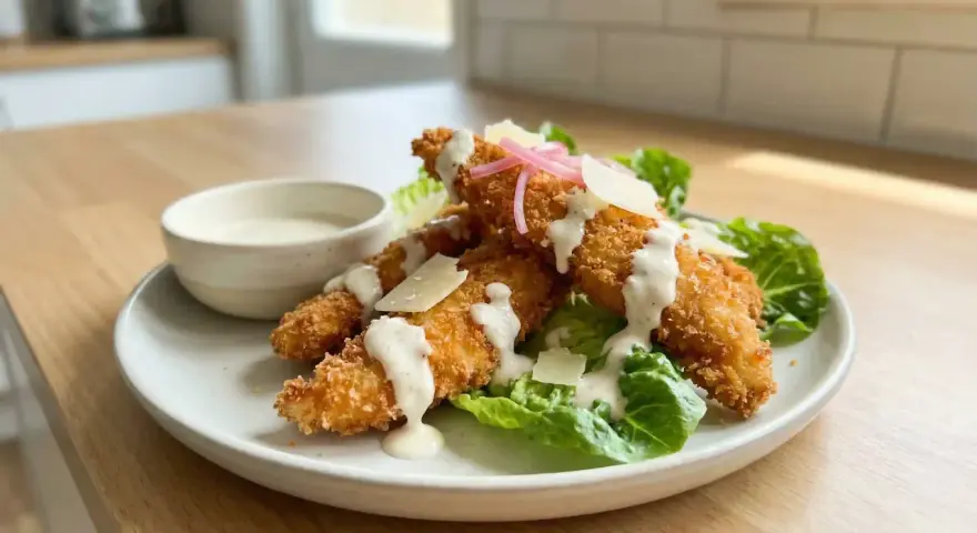 Krispiga kycklingstrimlor med krämig dressing, parmesan och sallad. Enkel guide för como hacer pollo frito.