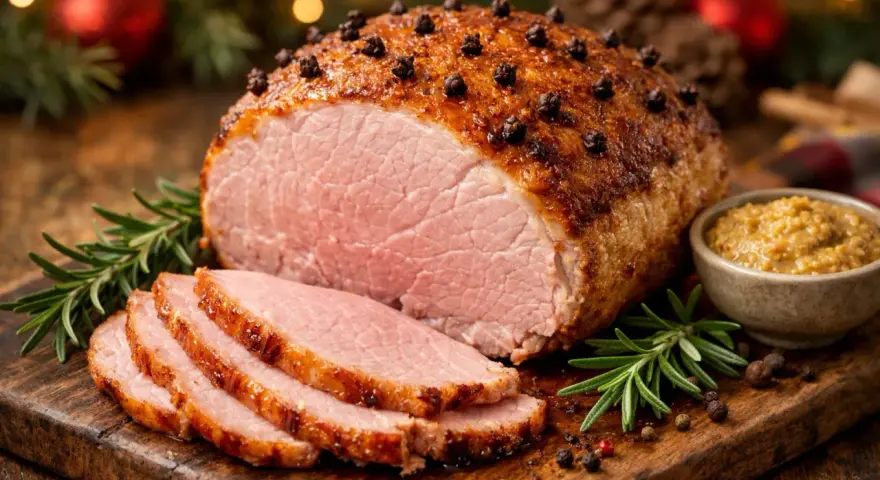 En saftig julskinka, kryddad med nejlikor, serveras med senap. Denna salmuera que es-inspirerade rätt är perfekt för högtiden.