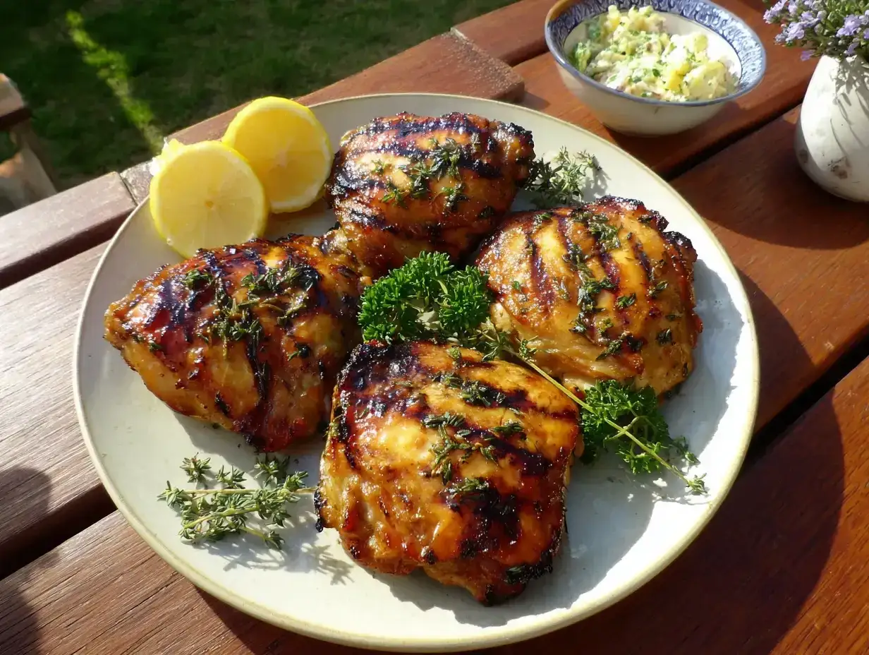 Grillad kyckling, marinerad för att grilla, med citronklyftor och färska örter. Perfekt för en sommarmåltid.