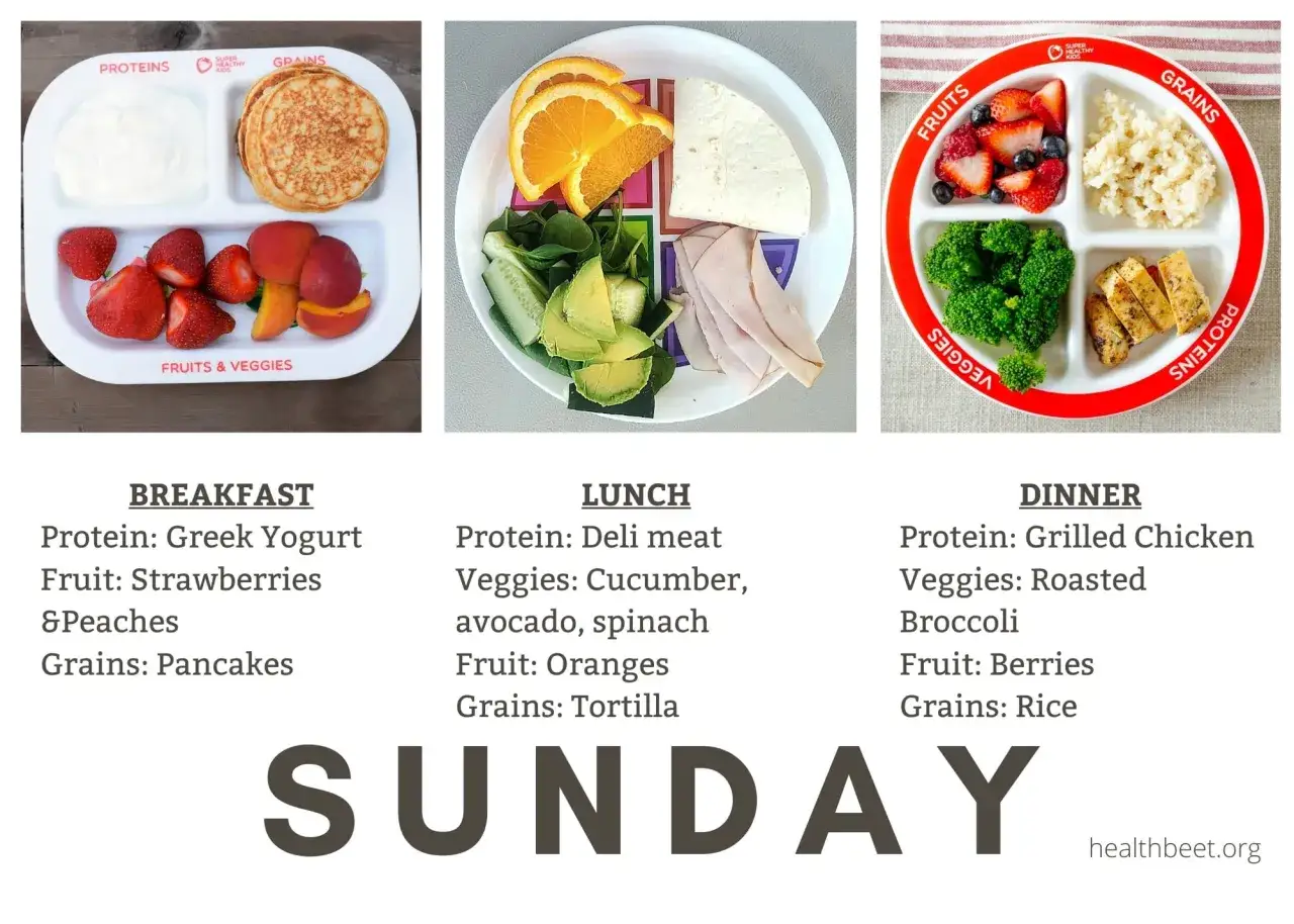 Söndagsmeny med frukost, lunch och middag. Perfekt för cenas para diabeticos, med balanserade proteiner, grönsaker, frukt och spannmål.