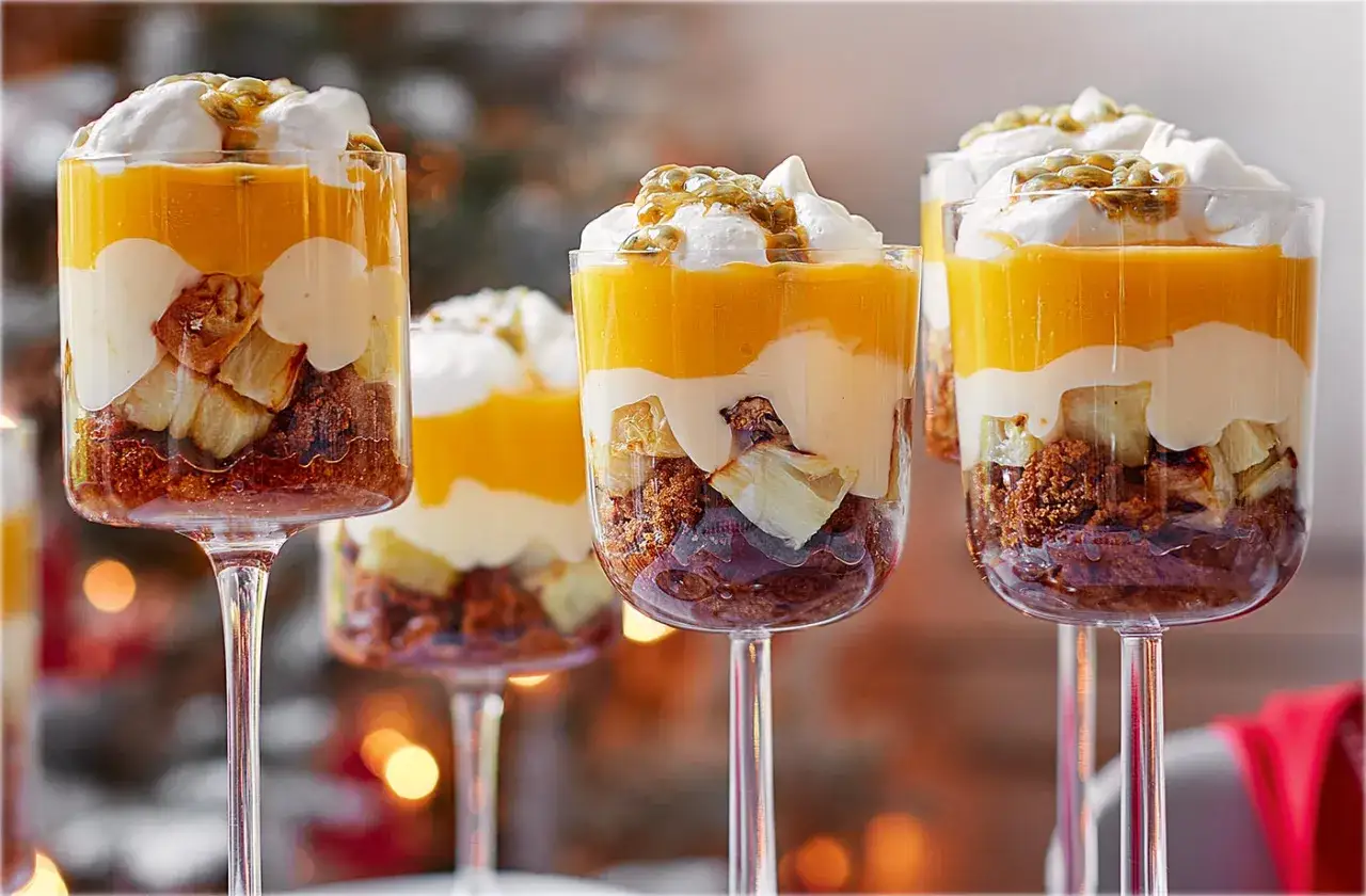 Flera glas med dessert i lager: smulor, fruktbitar, kräm och gul topping med passionsfrukt. En härlig dulce de nance-inspirerad skapelse.