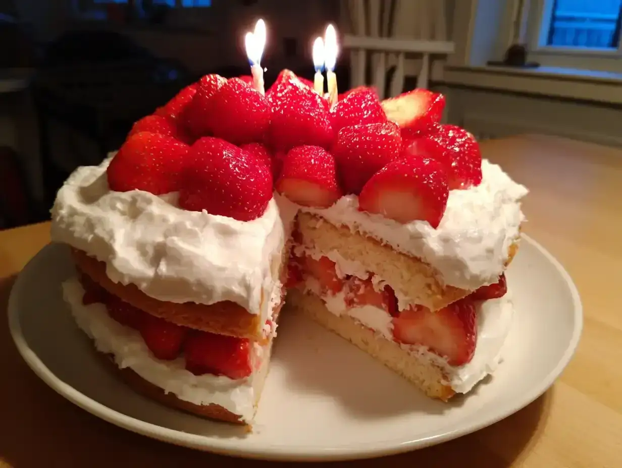 Färgglad jordgubbstårta med grädde och ljus, redo för firande. En härlig pastel de cumpleaños!