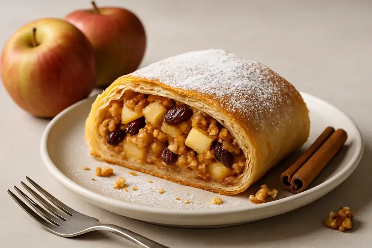 En saftig &auml;ppelstrudel med russin och kanel, pudrad med florsocker. En h&auml;rlig ensalada de manzana f&ouml;r fikat.