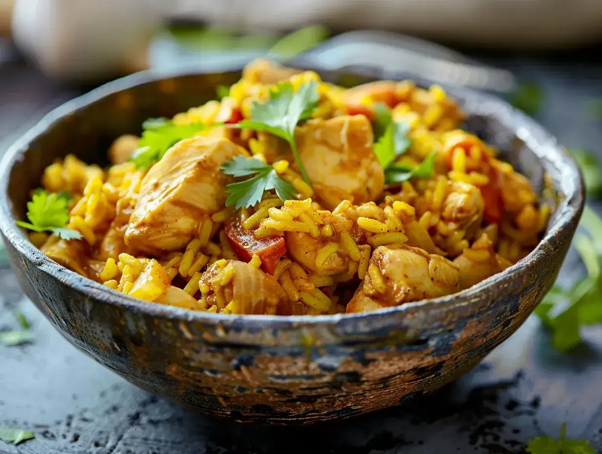 En skål med gyllene ris och kycklingbitar, en smakrik pollo encebollado salvadoreño, garnerad med färsk koriander.