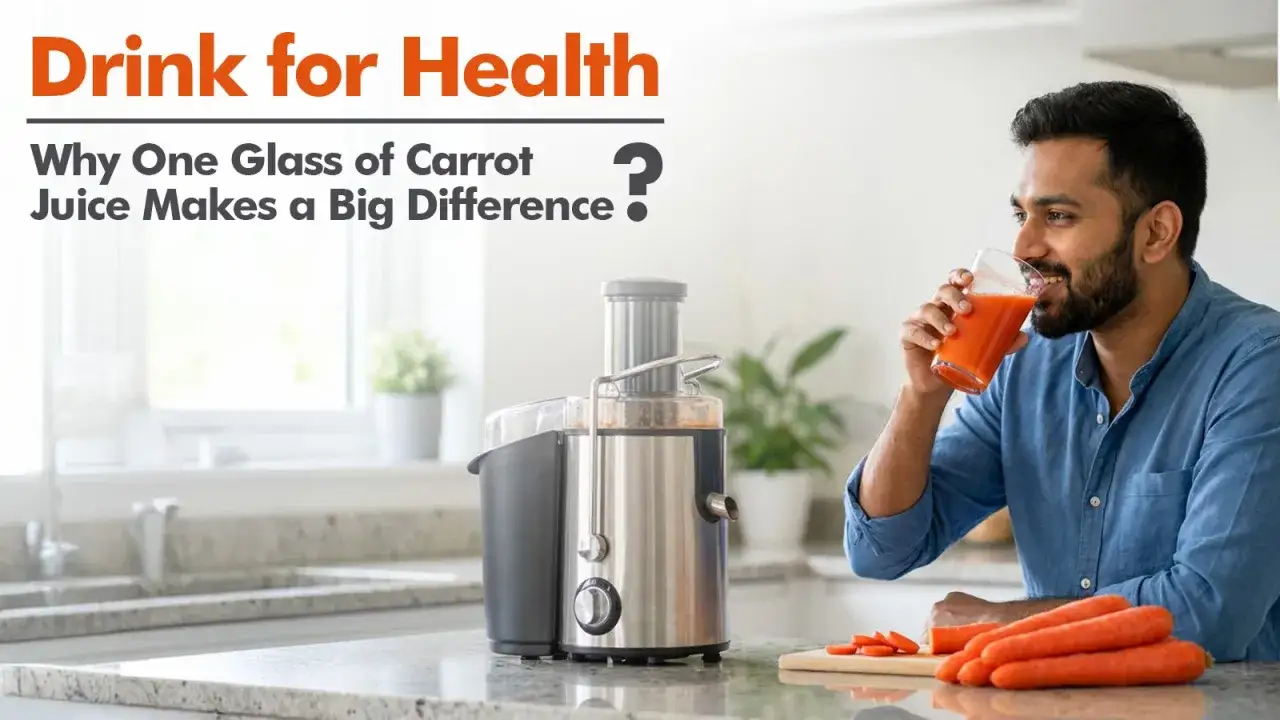 Man drinking carrot juice next to a juicer and fresh carrots.