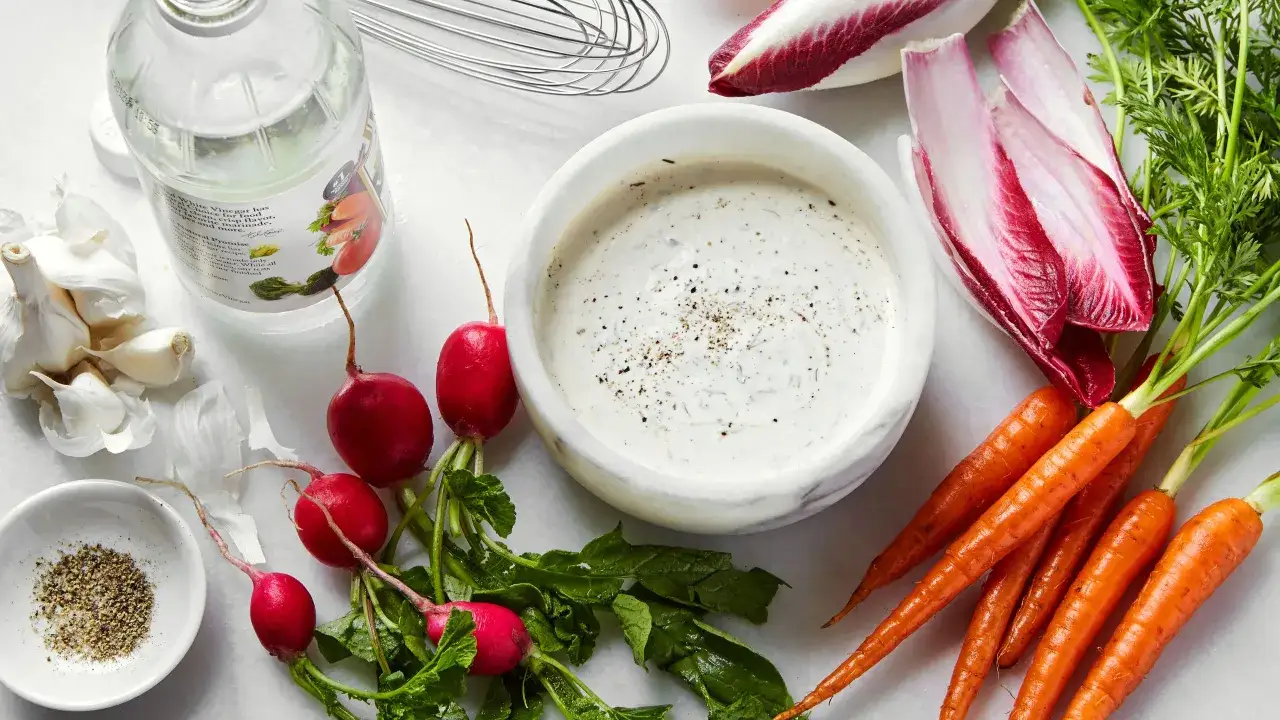 Vit vinäger är en mångsidig ingrediens för matlagning, perfekt för dressingar och marinader. Här ser du den tillsammans med färska grönsaker.