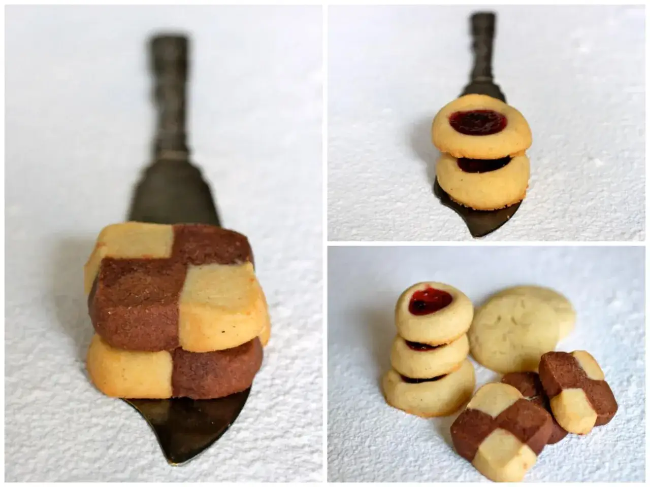 Olika tipos de galletas: rutiga choklad- och vaniljkakor, syltkakor och enklare vaniljkakor.